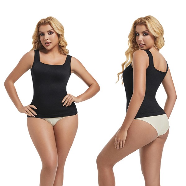 Cross-border TK Amazon Hot Selling Square Neck Seamless Waist Shaping Ribbed Long Tank Top Slimming Women's Top