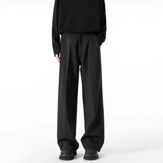 Cleanfit Dark Gray Curved-Blade Suit Pants for Men, Draped High-End Flared Casual Straight-Leg Trousers