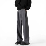 Cleanfit Dark Gray Curved-Blade Suit Pants for Men, Draped High-End Flared Casual Straight-Leg Trousers